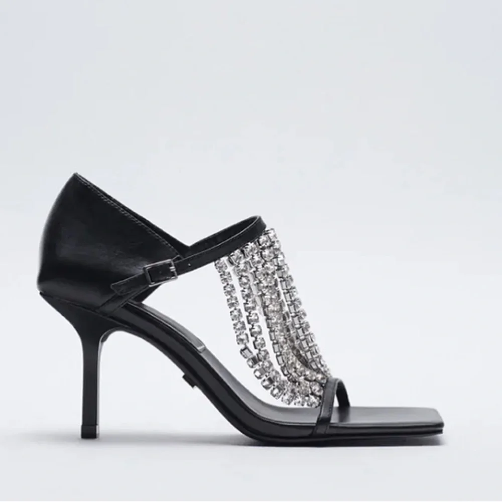 New Zara $129 Rhinestone Square Toe Black Sandals 1343/610 Size 10 RARE - Picture 2 of 16
